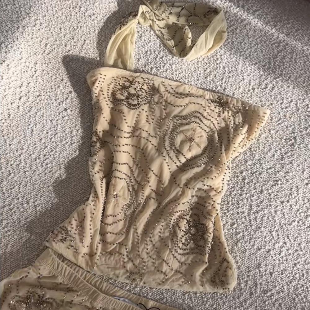 zara sequin bedazzled gold tube top wit scarf